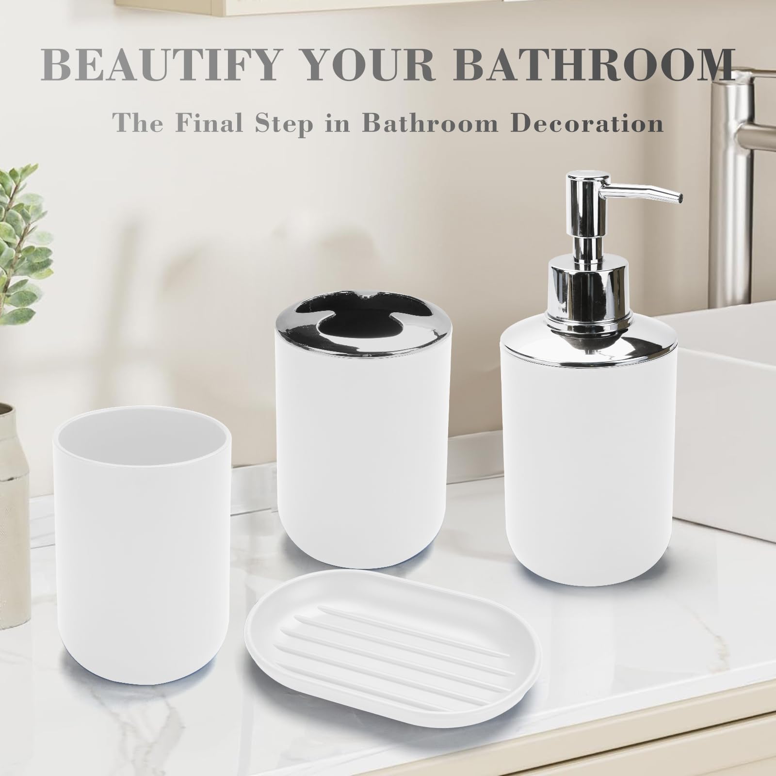 Juego de 4 accesorios de baño blancos, juego de soporte para cepillo de dientes de baño bohemio. Incluye dispensador de jabón, jabonera, soporte para cepillo de dientes, taza de enjuague bucal, juego