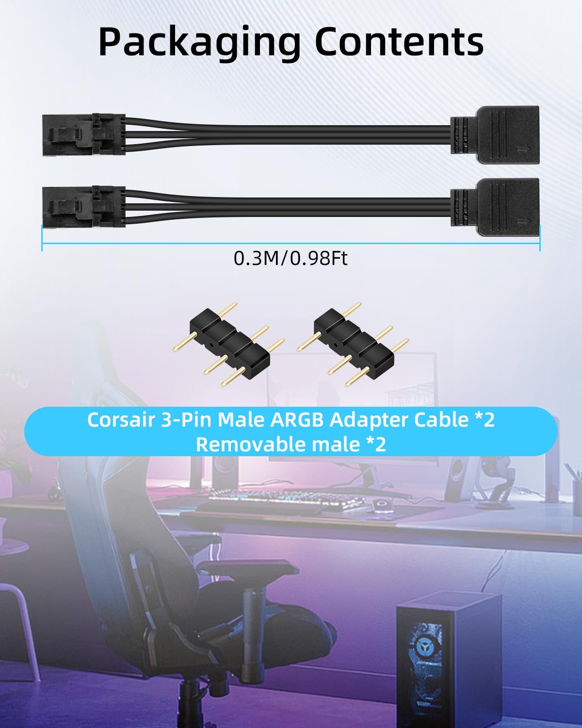 Câble Contrôleur RGB 3 Broches vers ARGB 3 Broches pour Hub RGB Corsair, Compatible Commander Core iCUE Commander Core XT Lighting Node Core, Lot de 2