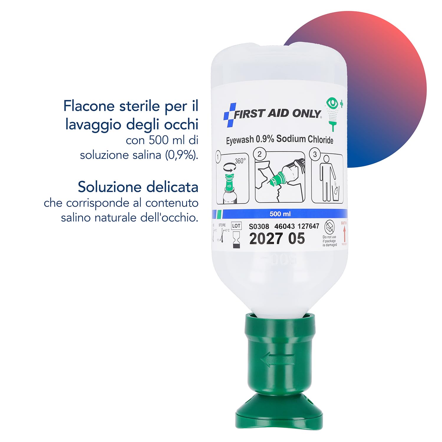 First Aid Only Flacone per lavaggio oculare 500 ml di soluzione di cloruro di sodio (0,9%) | Doccia oculare di primo soccorso con soluzione salina | Pulizia efficace degli occhi | P-44011 00