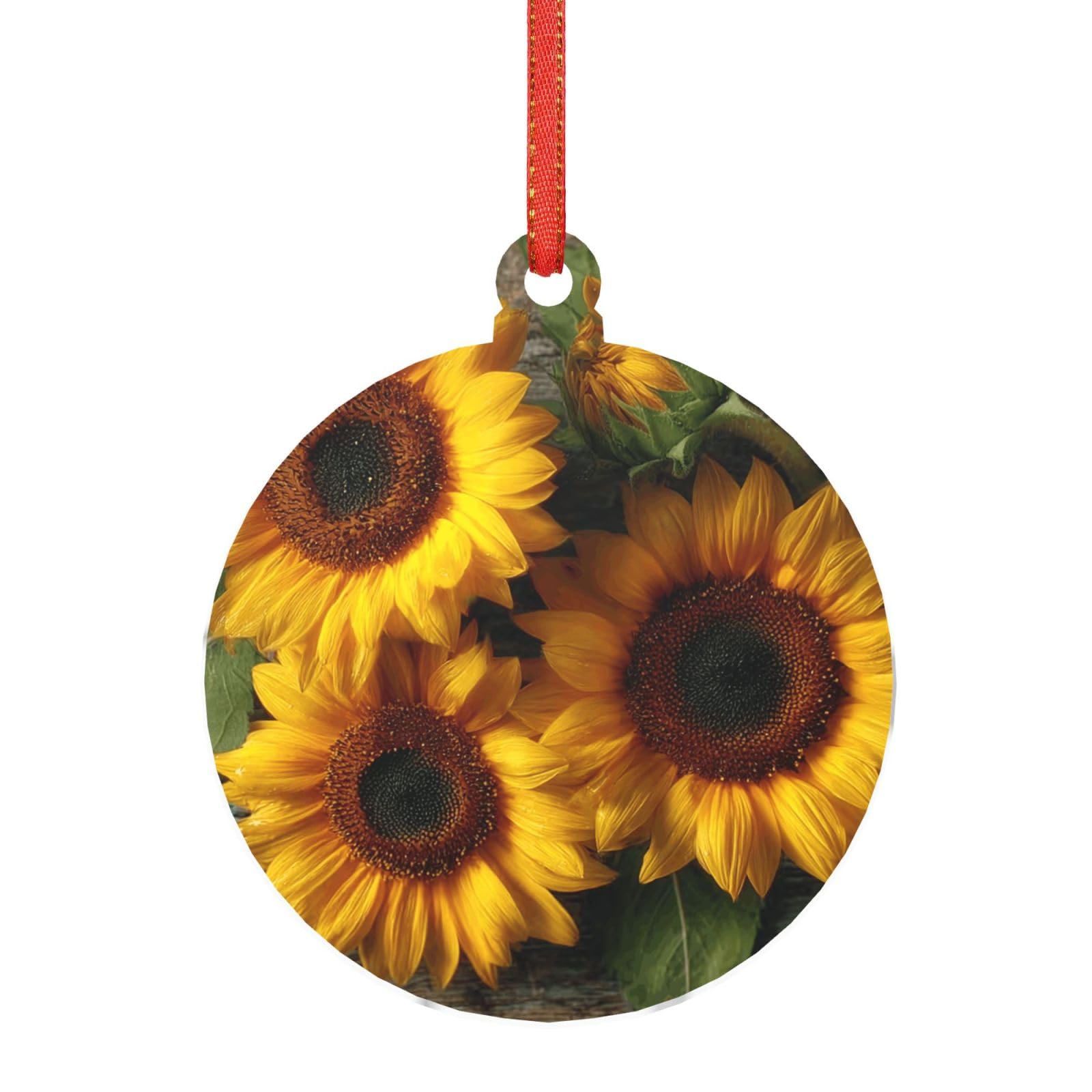 Hjkjkkj Round Shape Acrylic Ornament Christmas Tree Decoration Clear Round Pendant With Red Ribbon Sunflower Print Christmas Ornaments Indoor Outdoor Hanging Acrylic Pendants For Xmas Party Decor