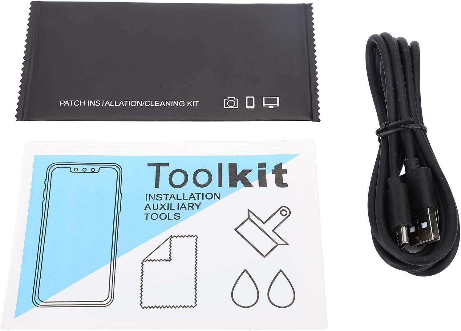 Contents of the Fockety LED Pixel Display package, including the display, a USB data cable, and a toolkit