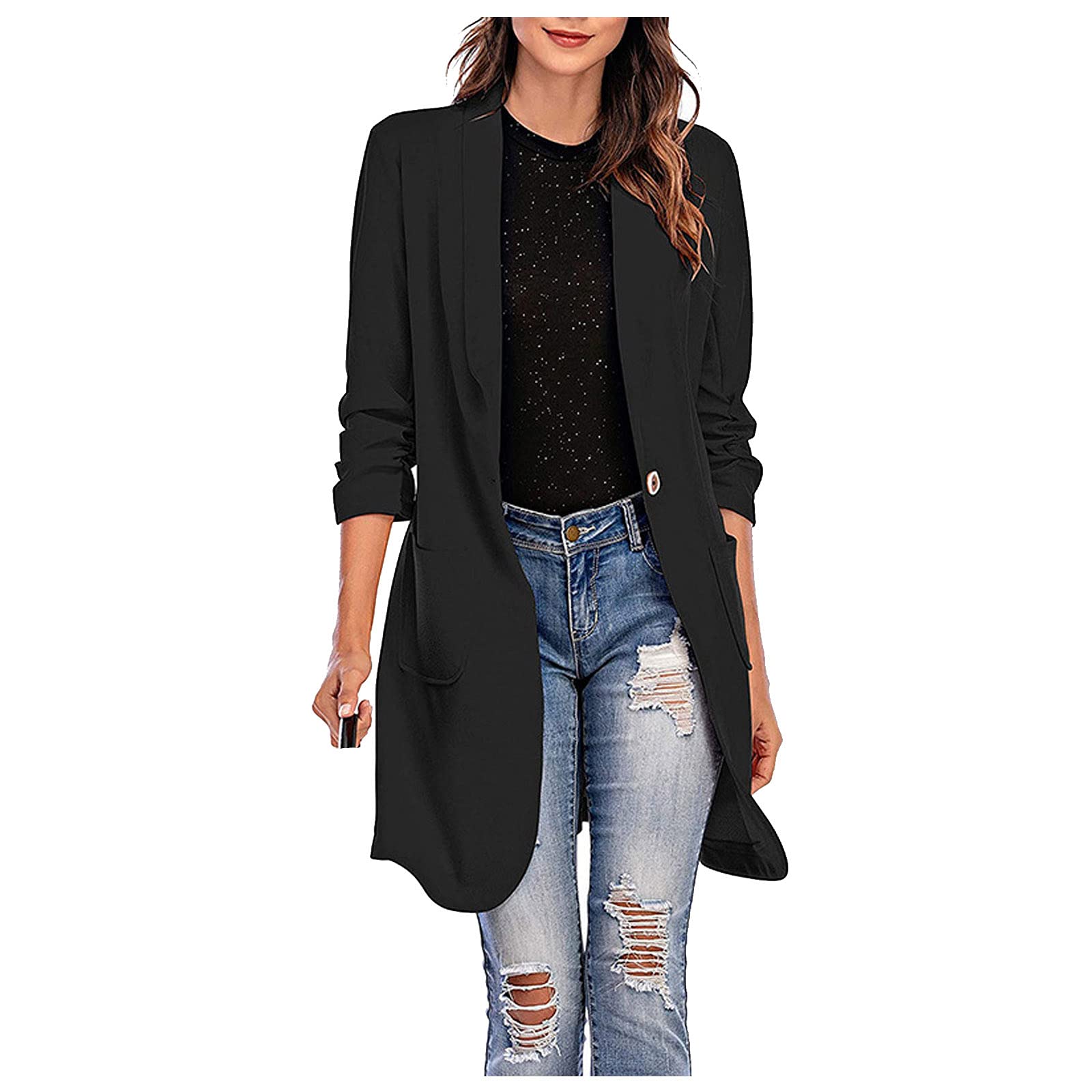 Blazer da donna, elegante e chic, lungo cappotto, lungo, da donna, in tinta unita, con tasca