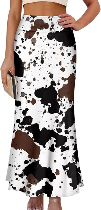 Womens Flared Midi Skirt Elastic High Waist Maxi Skirts Casual Flowy A Line Beach Long Skirt with Side Zipper