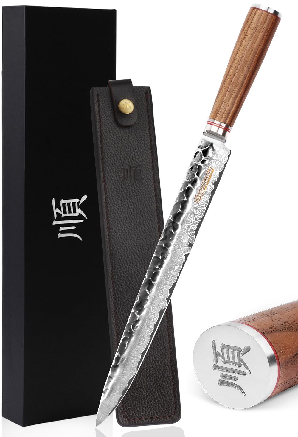 YOUSUNLONG Cuchillos japoneses para tallar carne 12 pulgadas - Acero Damasco VG10 - Mango ergonómico de madera de nogal