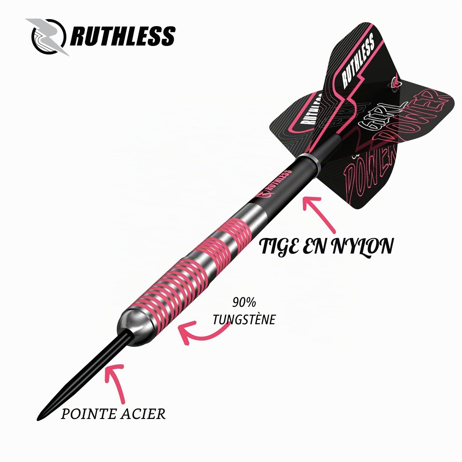 Ruthless Darts Girl Power Jeu de fléchettes 90 % tungstène avec pointe en acier moleté Rose