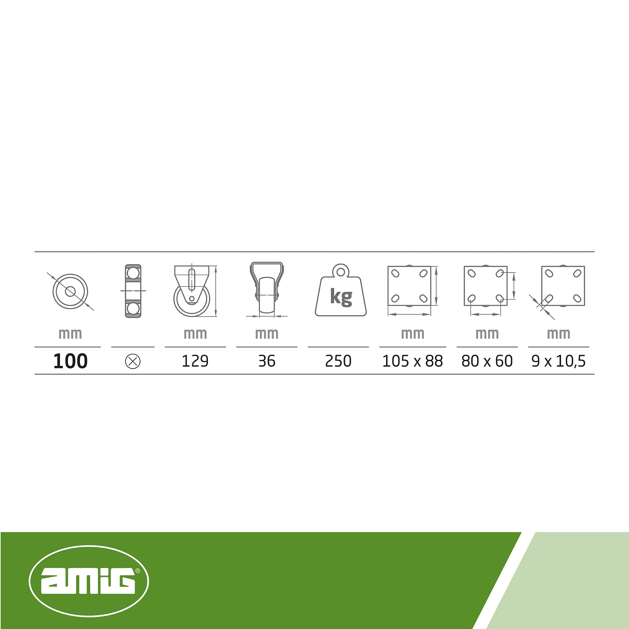 Amig - Set 4 Ruote Fisse con Piastra Metallica | Ø 100 mm | Peso Massimo 250 Kg | Per Mobili Pesanti o Carrelli Industriali | Cuscinetti a Sfere | Nucleo in Nylon | Colore Blu