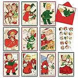 AnyDesign 30 Pack Christmas Cards Retro Xmas Greeting Cards with Stickers Envelopes Vintage Blank Note Cards for Christmas Baby Shower Birthday Party Supplies, 4 x 6 Inch