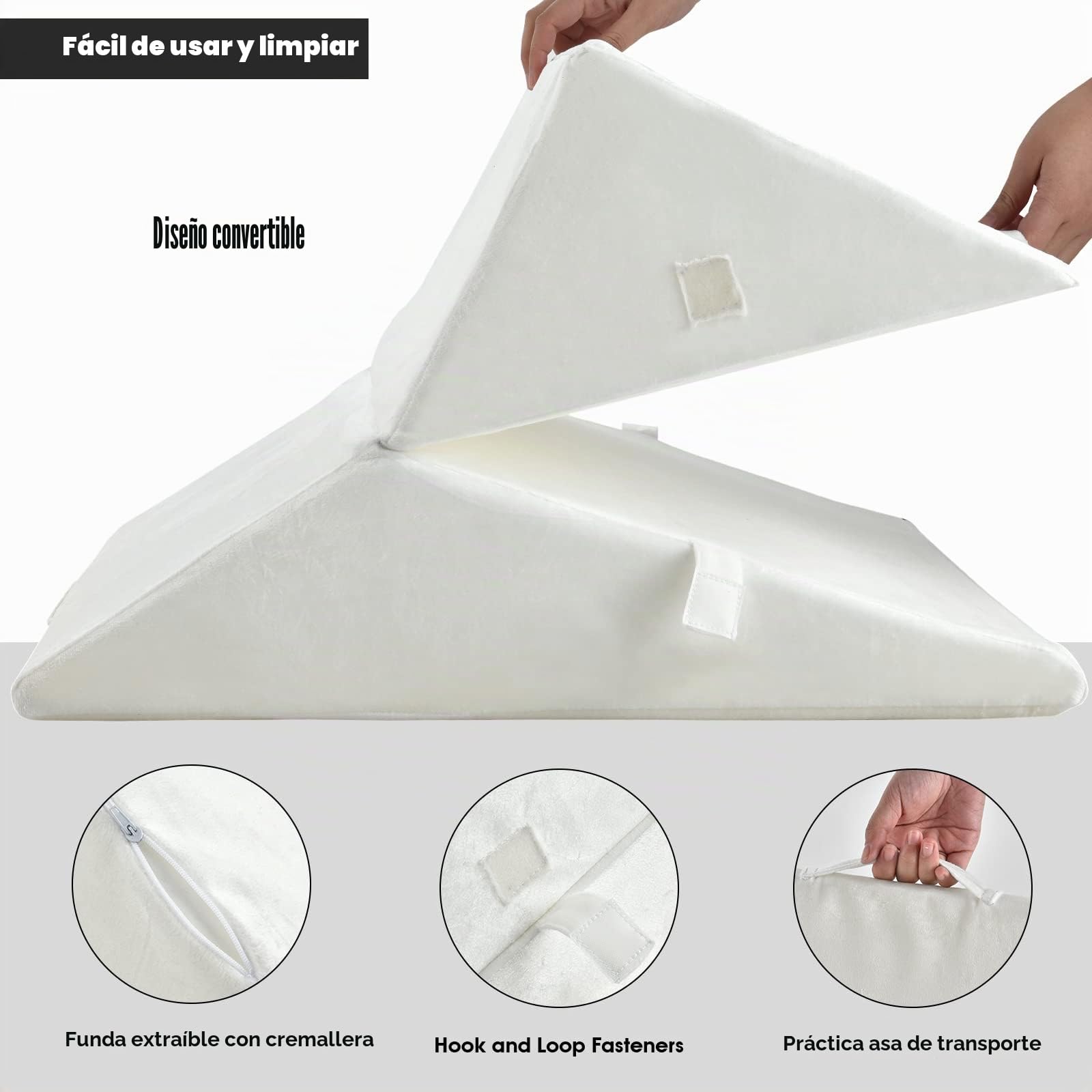 LIFEZEAL Almohada Triangular de Lectura, Cojín de Espuma viscoelástica Ajustable y Plegable para la Espalda, para Coche, Cama, sofá, cojín ortopédico con Funda extraíble y Lavable (Blanco)