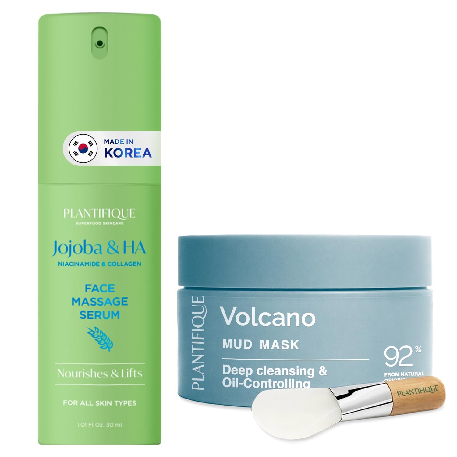 PLANTIFIQUE Maschera Viso Coreana Argilla Vulcanica - Purifica, Affina Pori, Idrata e Calma - 110 g & Siero Viso Jojoba Massage Bio Oil - Olio Puro Massaggiatore per Gua Sha 30 ml