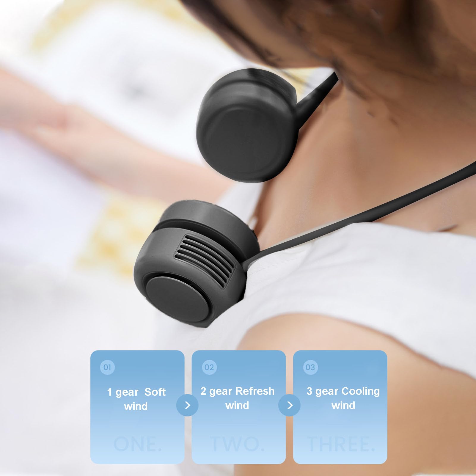 Zerodis Ventilatore da Collo Portatile, Silenzioso e Indossabile con Batteria, 3 velocità, Raffreddamento a Semiconduttore per Ufficio, Palestra, Viaggi e attività all'aperto. (BLACK)