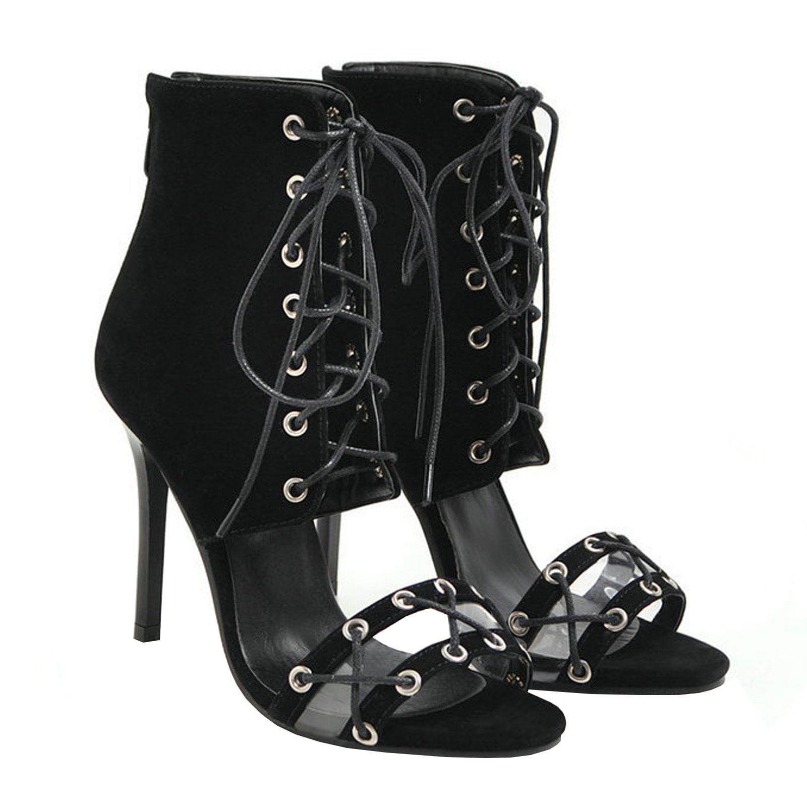 Talons Hauts Femmes Sandales Lanières Croisées Bottes Bout Ouvert Escarpins Talons Aiguilles Chaussures Habillées Bal 10cm,Black-46