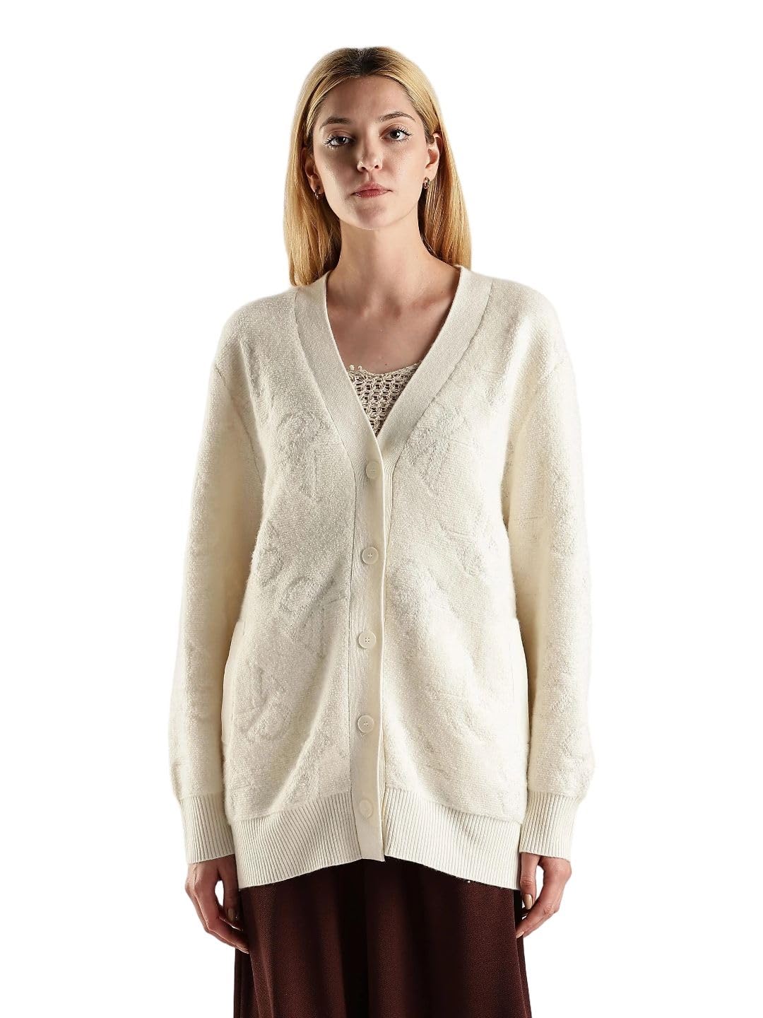 Relaxed Fit Nylon V-Neck Front-Open Sweater-image-17
