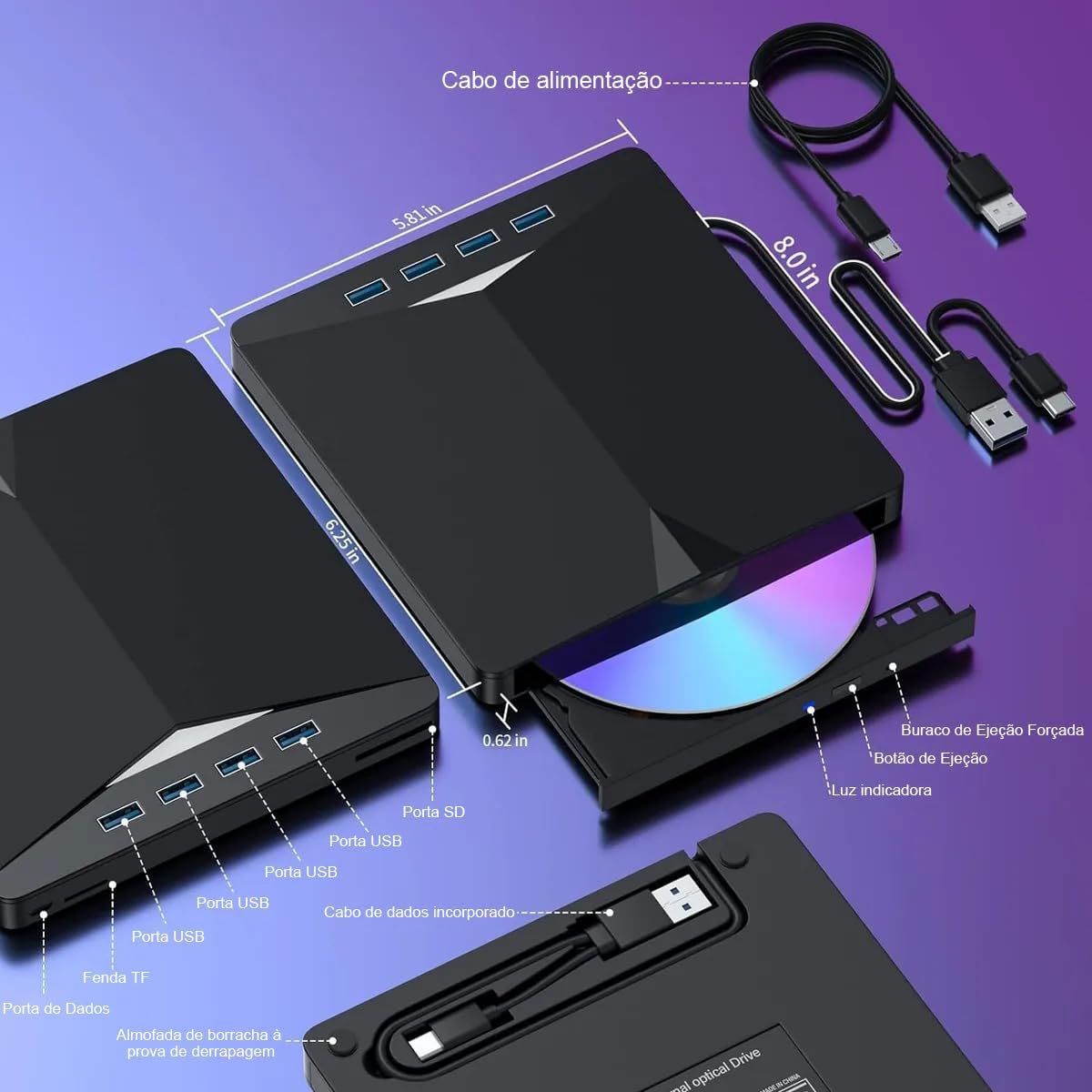 Gravador Externo DVD USB 3.0, Leitor CD/DVD Portátil com Hub USB 7 em 1, Compatível com Windows, Preto