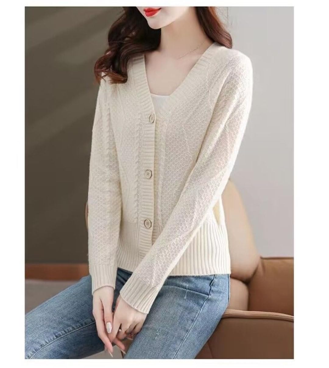 Cárdigan De Manga Larga con Botones para Mujer, Suéter con Cuello En V, Chaquetas De Punto Informales con Un Solo Pecho
