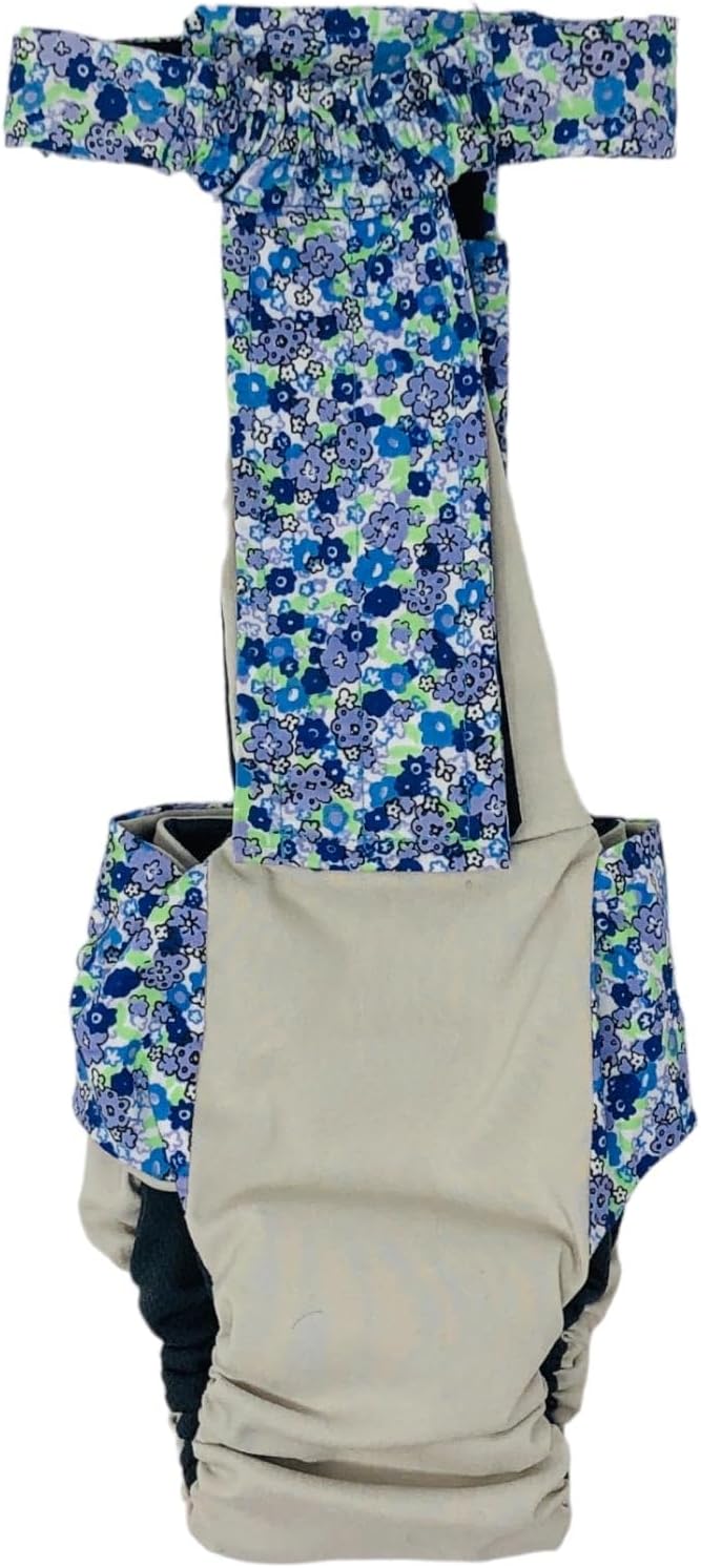 Blue Cosmos Flowers on Frosty Cream Dog Diaper Overall, M, with Tail Hole - Made in USA