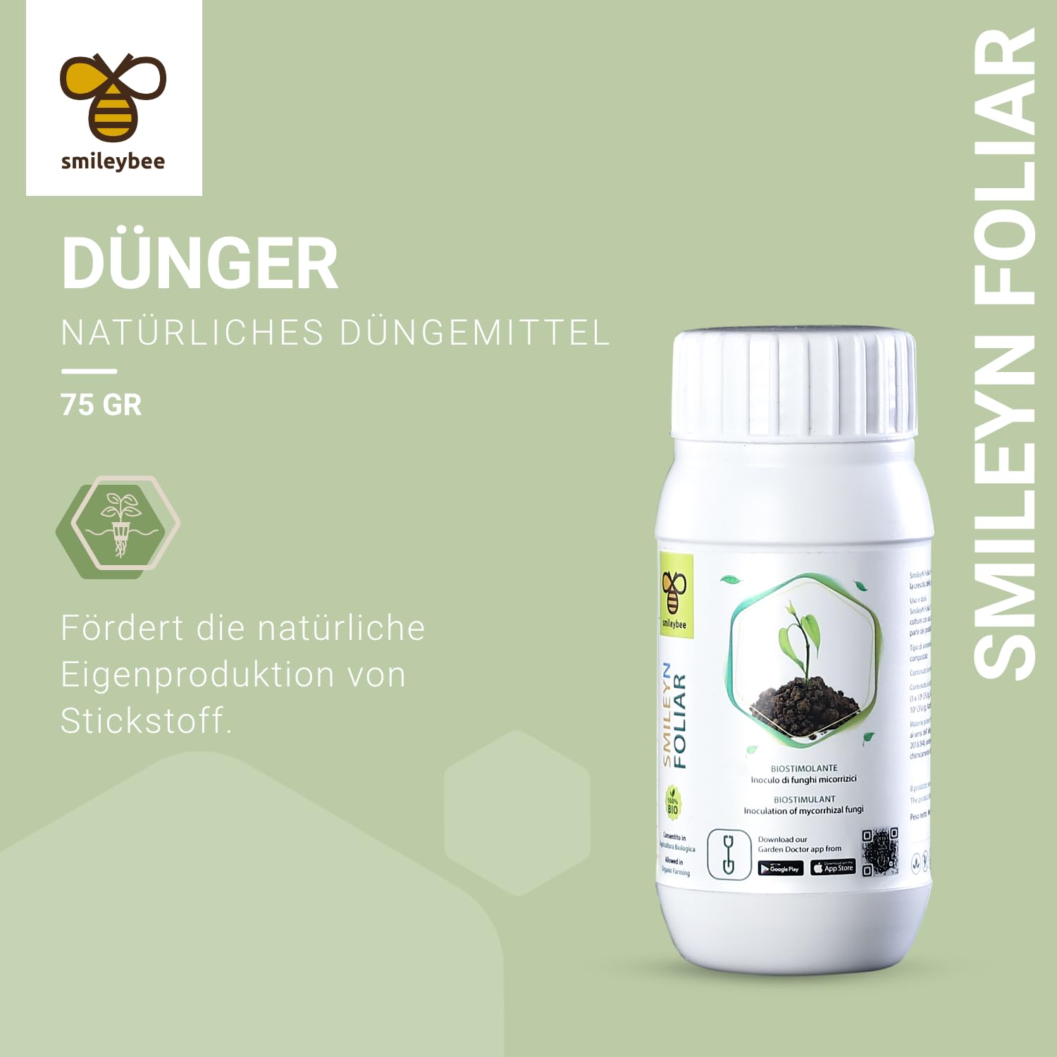 SmileyNFoliar Engrais biostimulant foliaire pour plantes composé de mycorhizes, 100% biologique - Favorise l'autoproduction d'azote - 75gr