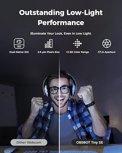 Miniatura 6 de OBSBOT Tiny SE 1080P 100FPS Cámara web para PC, cámara PTZ de transmisión con seguimiento AI con sensor de 1/2.8", control por gestos, Dual ISO, HDR