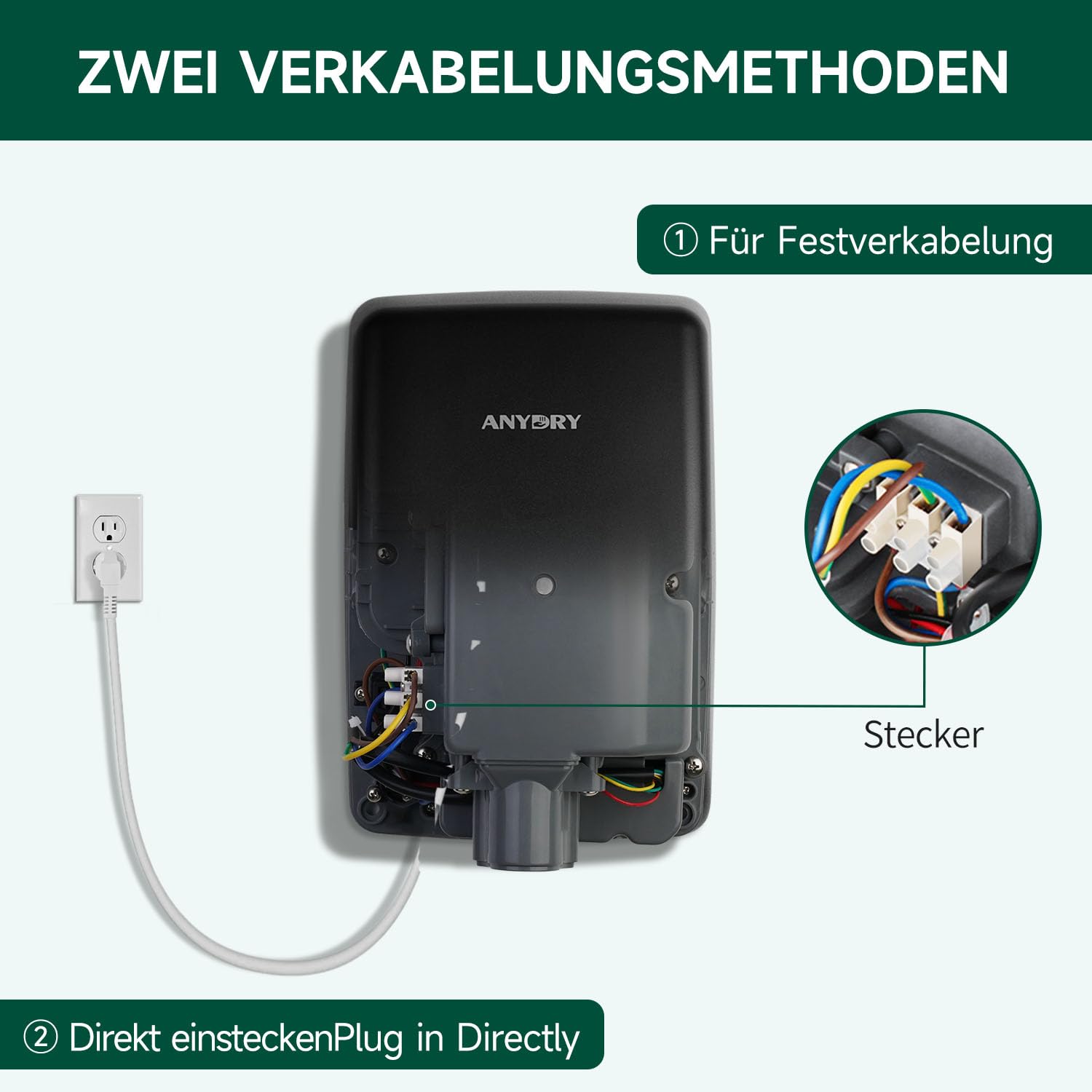 anydry 2803Y Mini-Händetrockner 1350W Edelstahl Hochgeschwindigkeits-Luftstrom