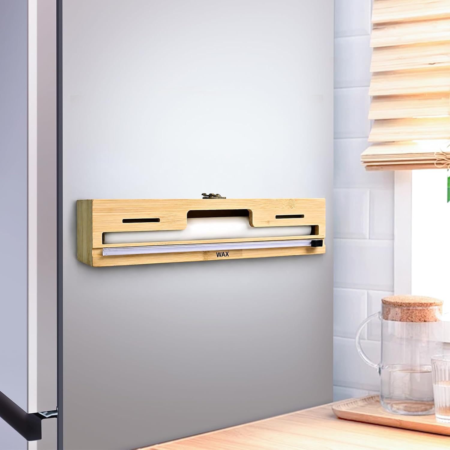 MSJGA Magnetic Plastic Wrap Dispenser with Cutter, Refrigerator Bamboo Organizer for Tin Foil, Baking Paper, Wax Paper Holder Kitchen Storage Box Compatible