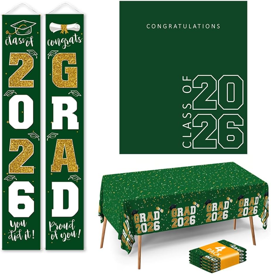 Graduation Decoration Porch Sign GRAD 2026 Green Gold and Disposable Tablecloth 4 Packs and Congrats Grad Banner Backdrop
