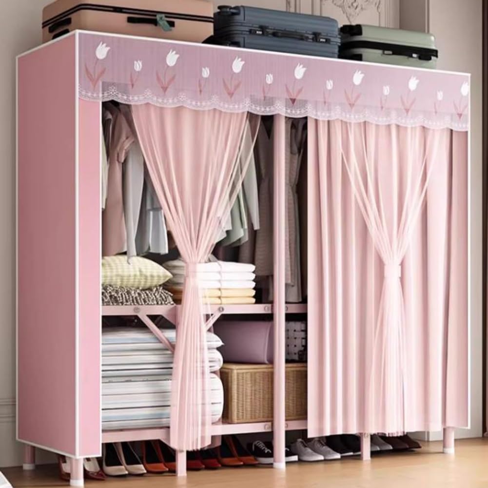 Armario Portátil Grande con Cortinas De Gasa, Armario De Ropa Plegable Diseño De Plegado Integrado Barandilla del Dormitorio Percha De Marco Metálico De Tubo De Acero De 26 Mm(200x45x170cm)