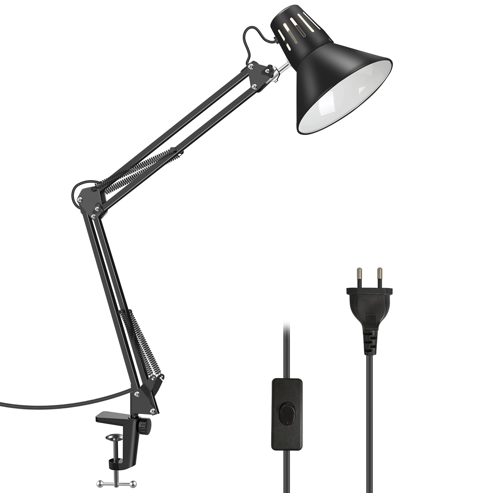 Milpoel Lampe de Table Métallique, Tête Orientable, Design Moderne, avec Douille E27, Interrupteur sur Cordon 1,7m, pour Bureau, Lecture, Chevet (Noir)