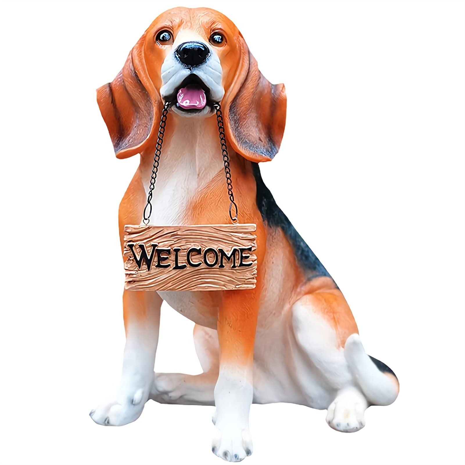 Estatua de Perro Beagle marrón para Exteriores con Cartel de Bienvenida, Figura de Cachorro Realista de Resina para decoración del hogar, jardín y Patio, 13 Pulgadas,