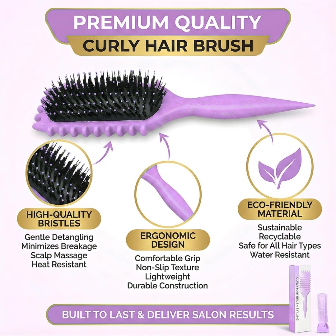 Cepillo definidor de rizos con clip para cabello rizado mojado, cepillo para desenredar el cabello rizado morado para control de encrespamiento y rizos definidos, cepillo de rizo Bewelio