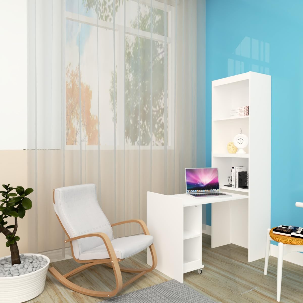 Integrated shelf and pull-out table in use with a laptop