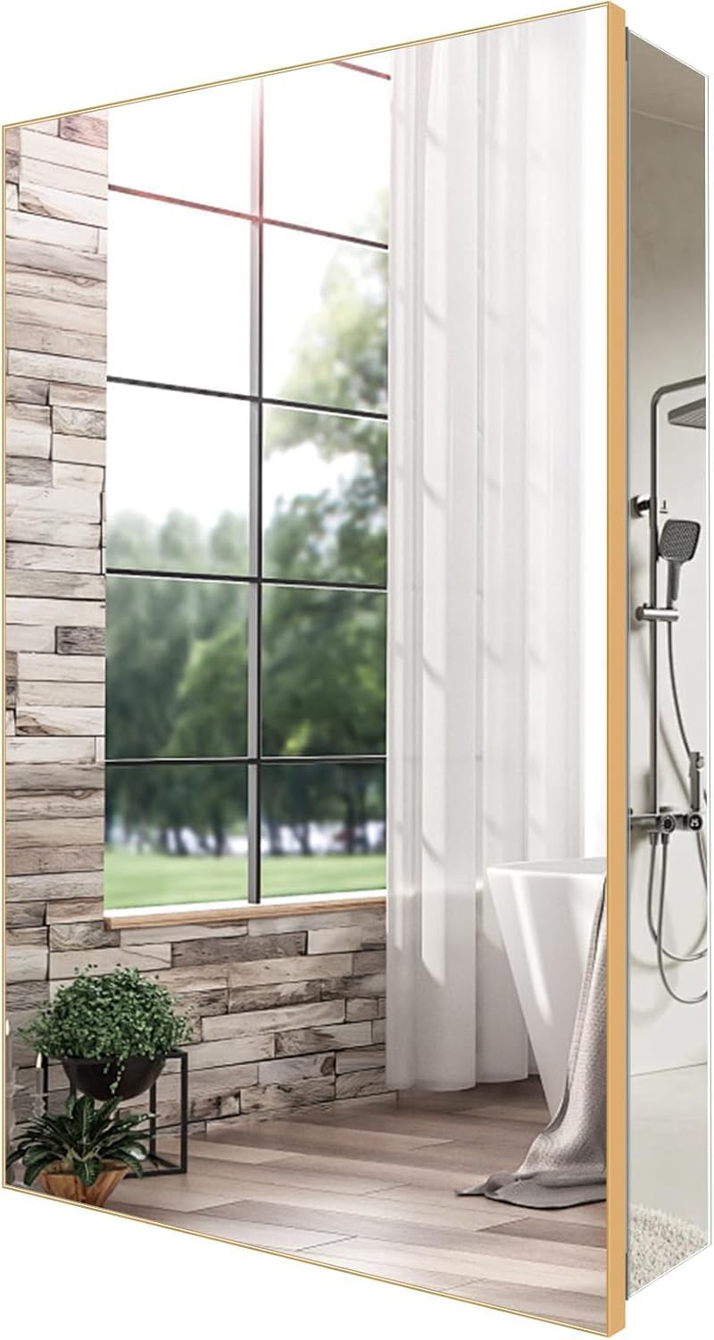 16x26 Inch Farmhouse Black Aluminum Medicine Cabinet with Mirror - Recessed/Surface Mount Rust-Resistant Framed Bathroom Storage Cabinet for Bathroom, Toilet & Kitchen