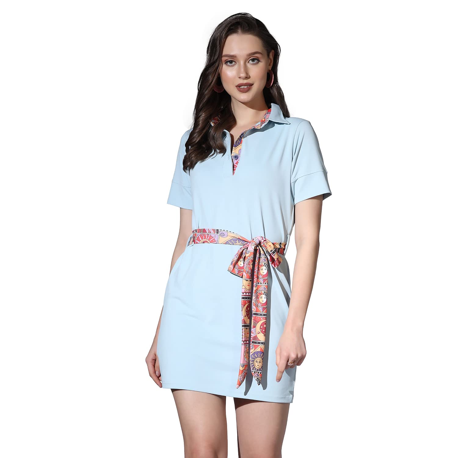Greciilooks Weatern Dress For Women| Lycra Solid Body Con Dresses For Girls| Short Sleeve Polo Dress| Western Dress With Belt | Summer Wear | Outdoor Wear (Large, Silver)