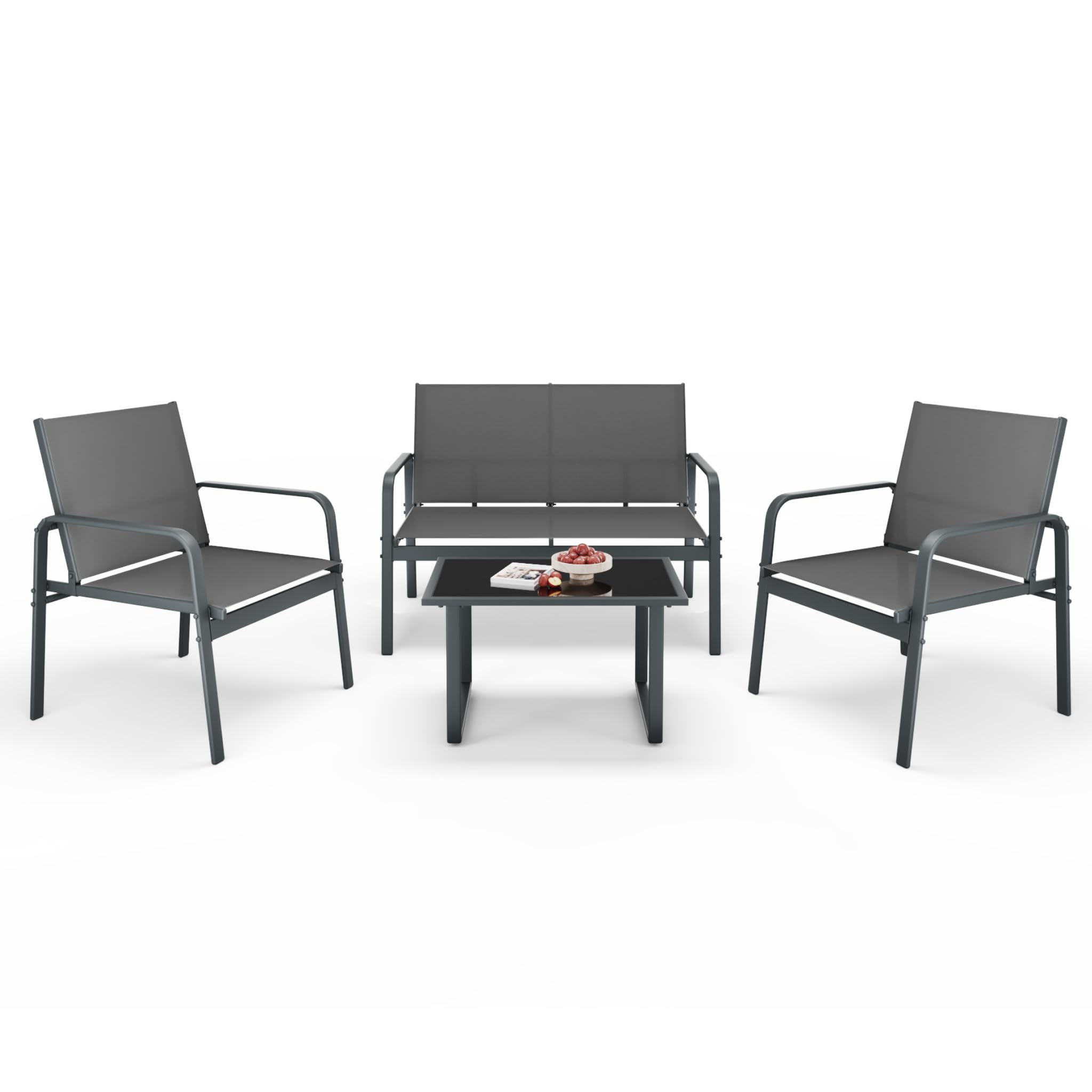 Mondeer Salon de Jardin Exterieur 4 Personnes pour Extérieurs, Gris Foncé | Mobilier de Jardin 4 pièces avec 2 Places 2 fauteuils 1 Table Basse, Métal et Textilène, pour Terrasse Balcon