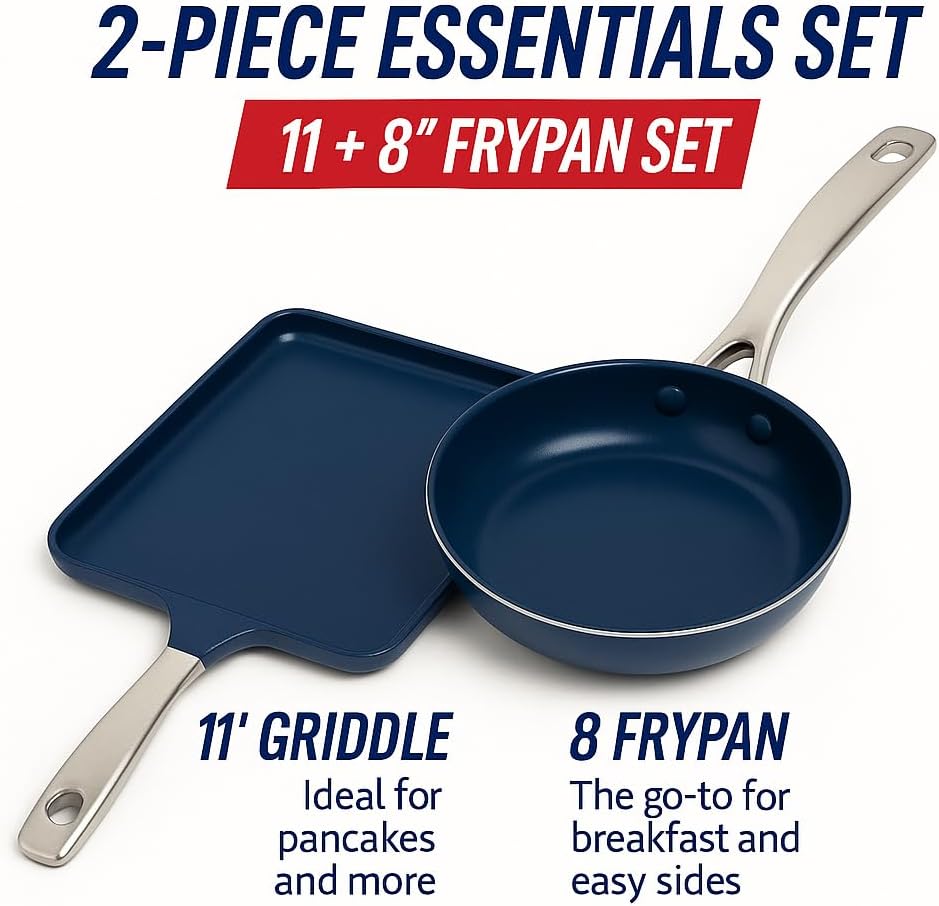 Blue Diamond 14 Piece Nonstick Cookware Set & 11" Griddle Pan, Diamond Ceramic Pots & Pans, Dishwasher & Metal Utensil Safe, Non Toxic PFAS-Free, Kitchen Cooking Sauce & Saute Pans, Oven 600F, Blue