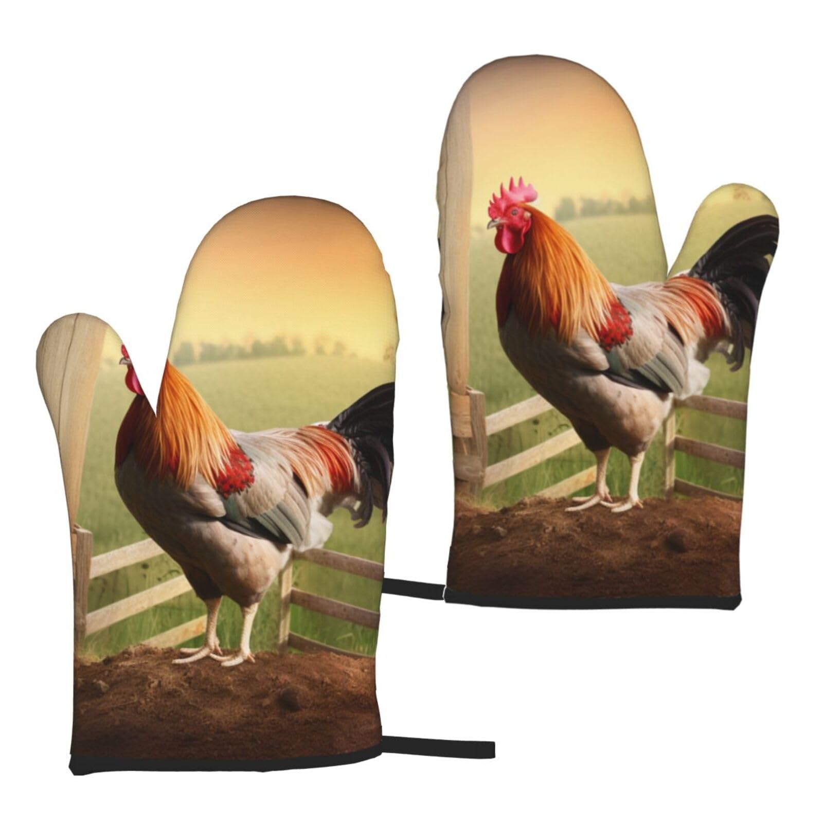 Rooster on Wood in Farmland Printed Oven Mitts Sets 2 PCS Heat Resistant and Non-Slip Glove Potholder for Kitchen Cooking Baking Grilling