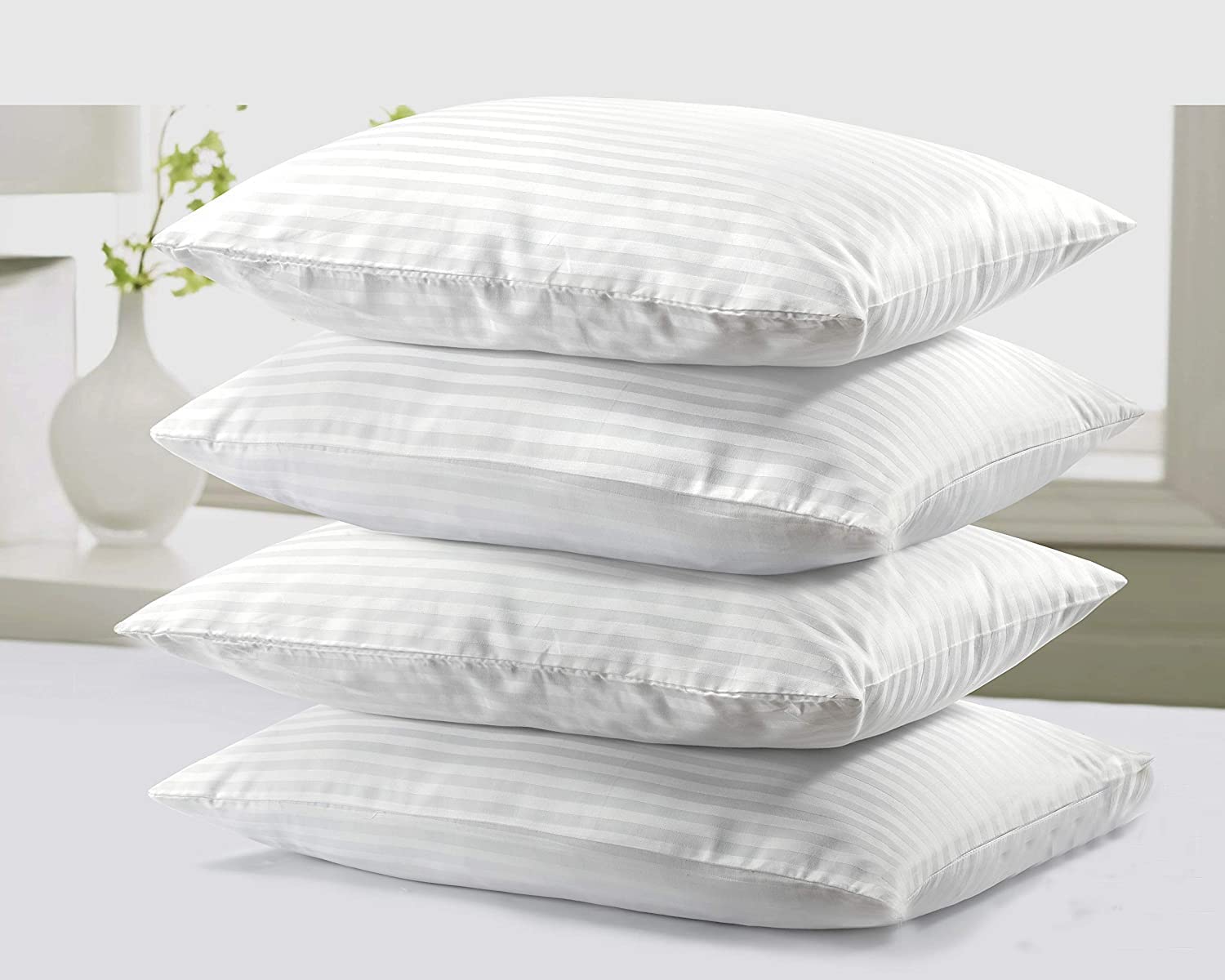 4 Pack Striped Polycotton Bed Pillows - Luxury Hotel Quality Soft Bounce Back Hollowfibre Filled Pillow - Hypoallergenic Supportive Pillows for Sleeping & Bedding