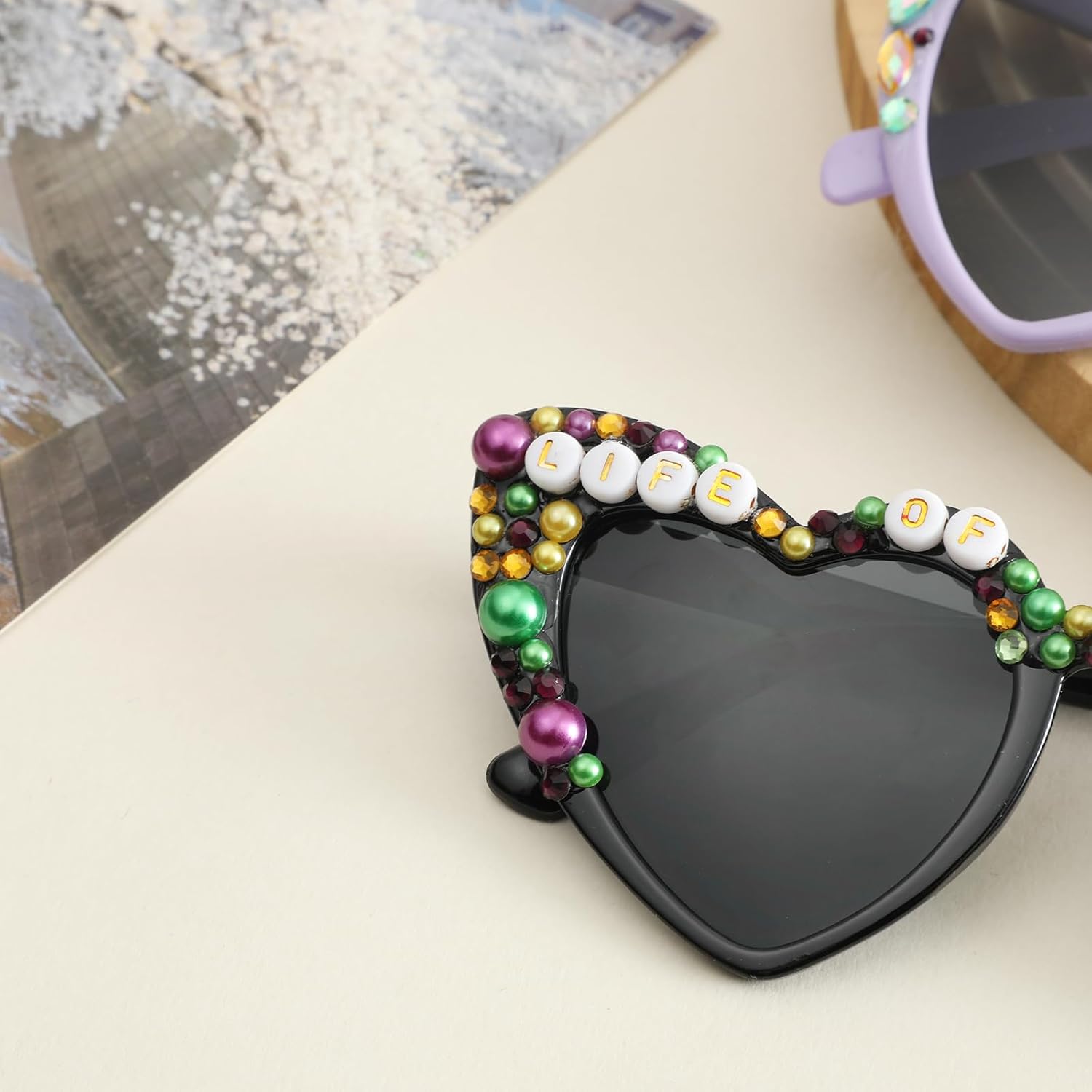 3 PCS Mardi Gras Sunglasses Beads & Heart Sunglasses Purple Yellow Black Heart Glasses Mardi Gras Party Accessories - Image 5