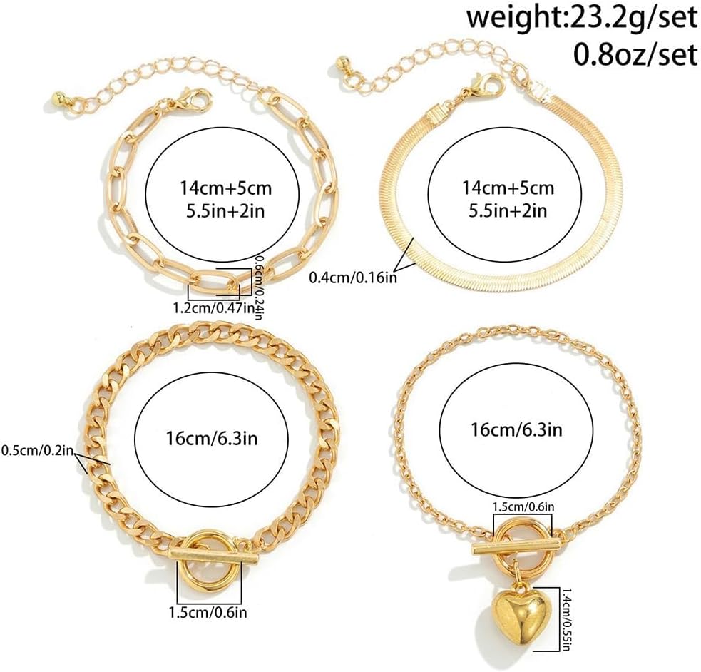 Stackable Gold Heart Toggle Clasp Bracelets Set for Women Layered Cuban Link Chain Bangles Adjustable Paperclip Bracelets Pack Jewelry Accessories - Image 3