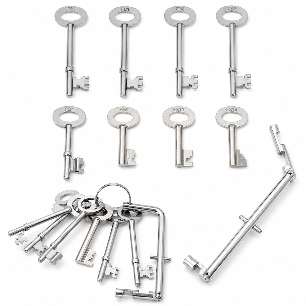 Fire Brigade FB Keys Full Set, 9pcs Master Key Set with 2X FB1, 2X FB2, FB4, FB5, FB11, FB14 & Drop Key, Universal Fire Alarm Test Key for Fire Doors, Padlocks & Emergency Access