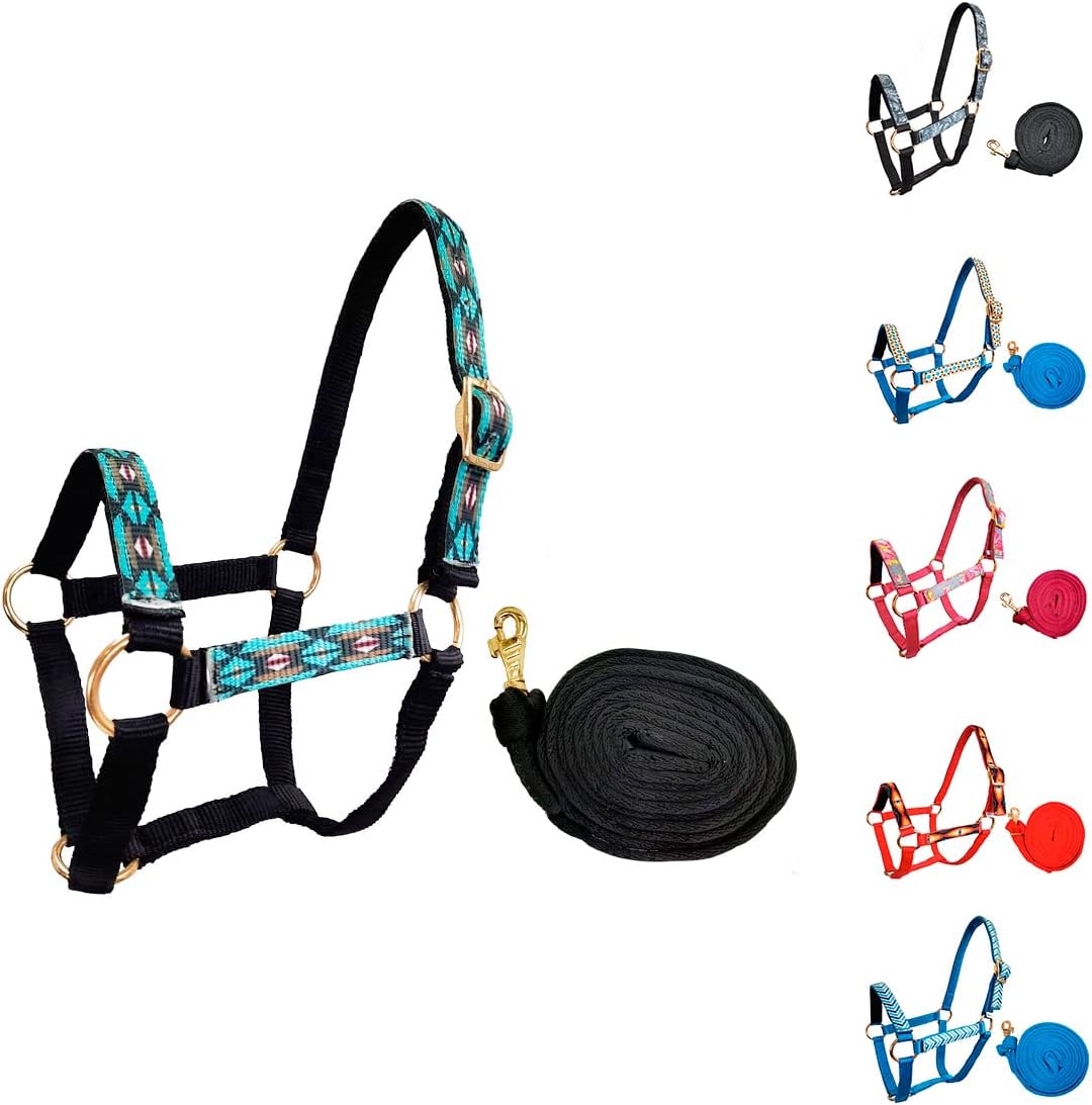 Tahoe Tack Patterned Nylon Mini Horse Halters with Padded Noseband and Matching 7’ Soft Grip Lead Rope - 6 Month Warranty