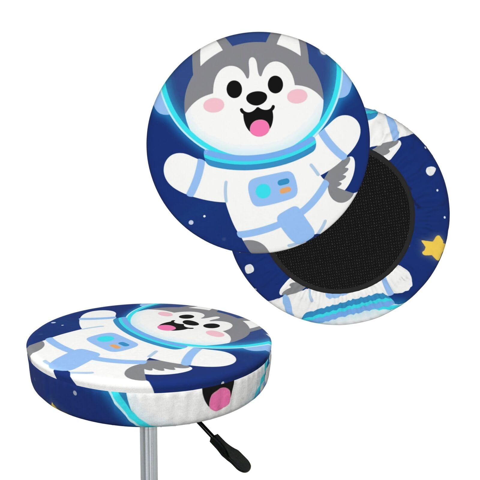 FekiLoot Cute Husky Astronauts On Space Round Bar Stool Covers Stretch Washable Bar Stool Covers Dustproof Slipcover Bar Chair Covers with Elastic Band for Bar Kitchen Living Room Decor 12 Inch