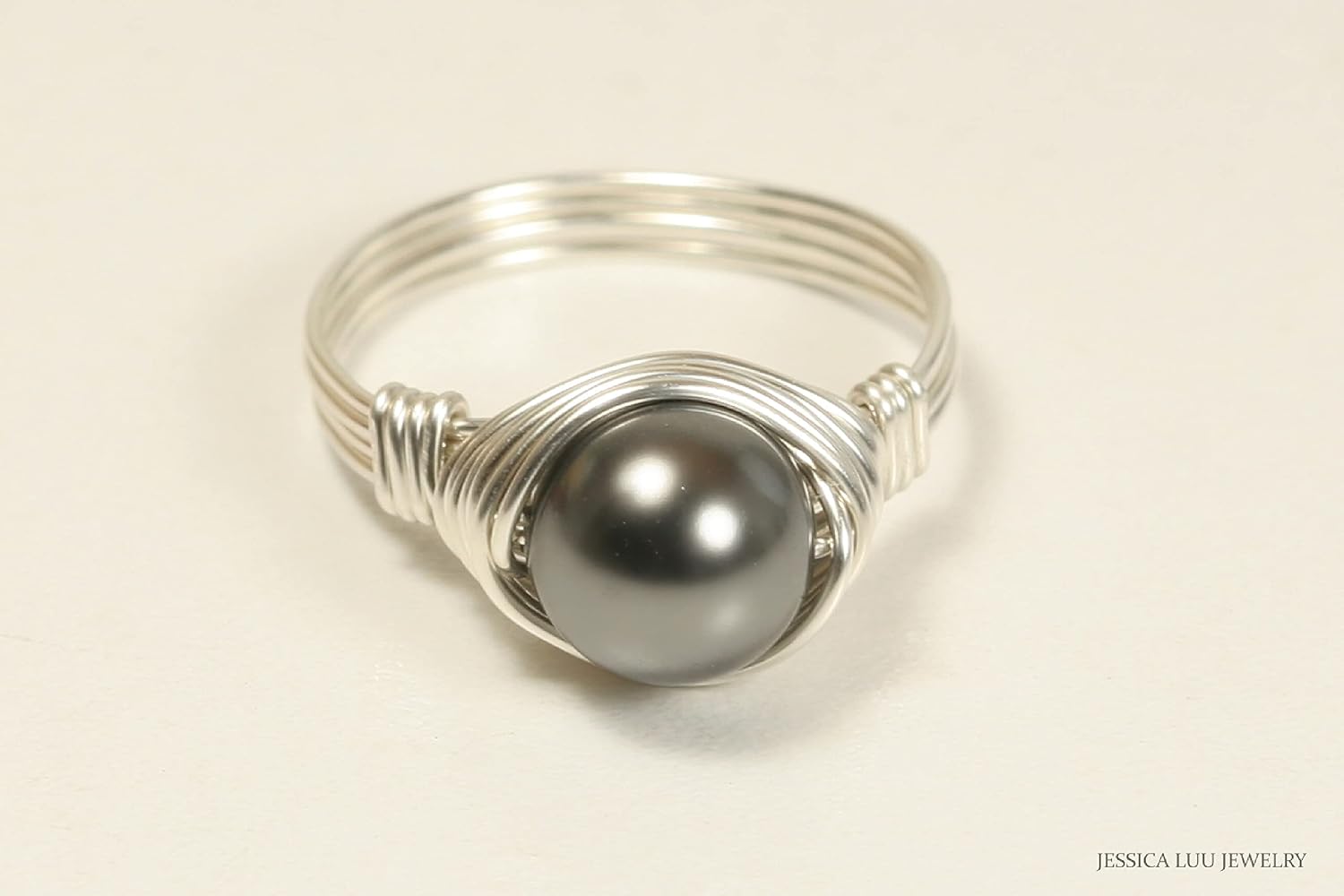JESSICA LUU JEWELRY Dark Grey Pearl Solitaire Ring Sterling Silver or Gold Wire Wrapped Handmade