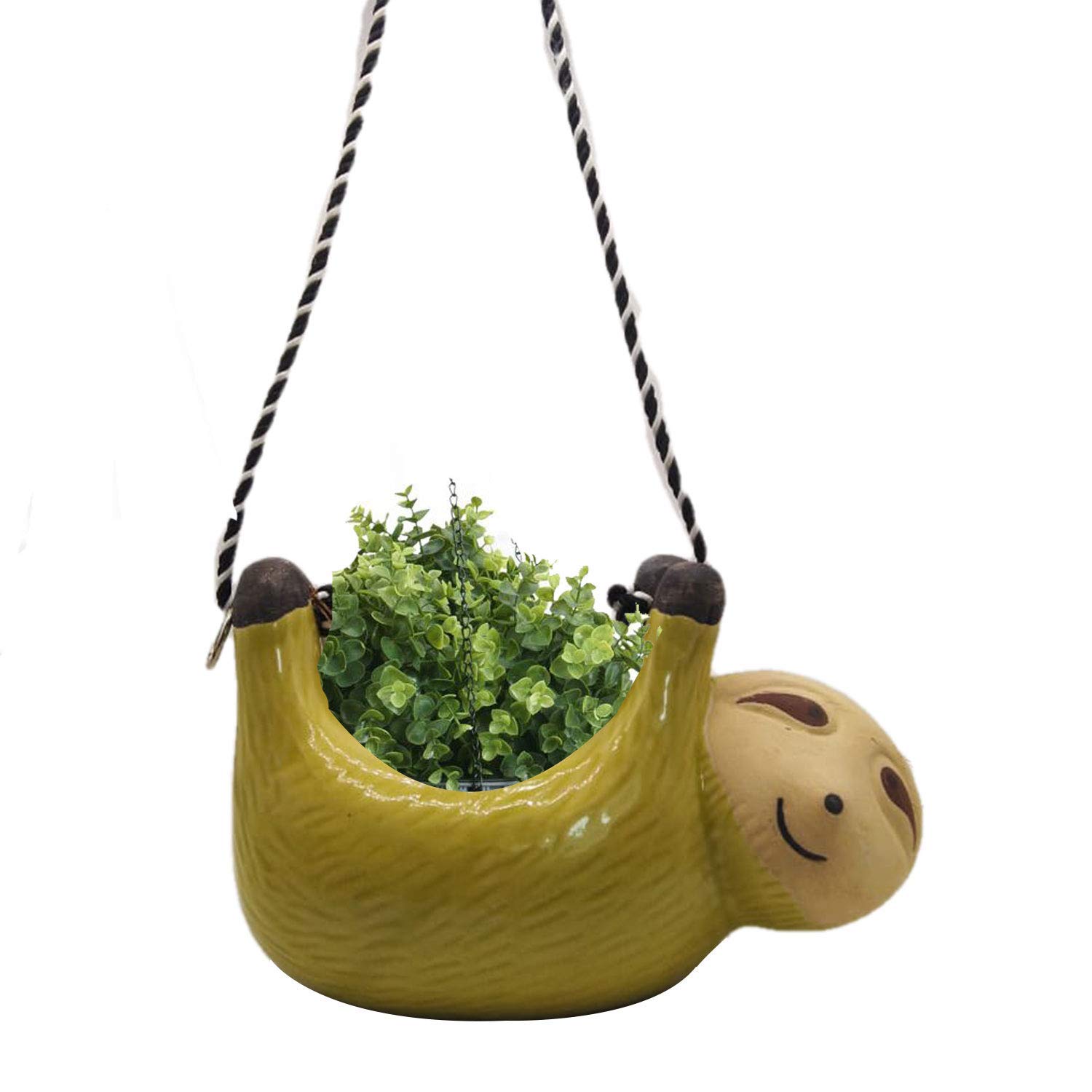 India Meets India Ceramic Hanging Planter Pot Flower Pot Indoor Planter Handicraft by Awarded Indian Artisan (Sloth (Sea Green))