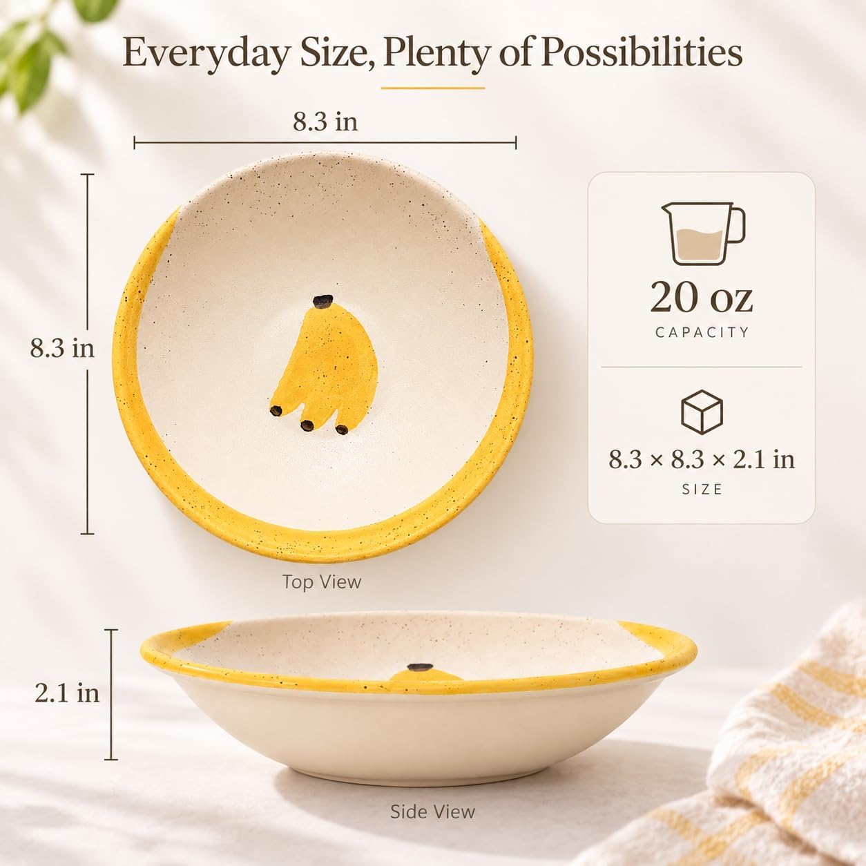 8 in 20 oz Ceramic Cereal Bowl, Banana Design, Soup & Salad Bowl