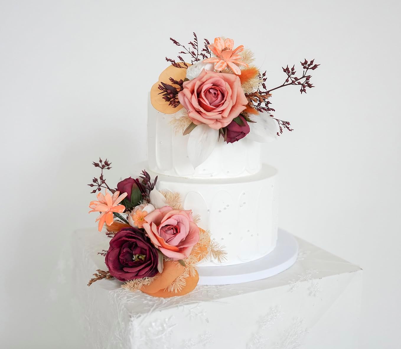 A Set of Two Wedding Cake Topper,Artificial flowers,Deep red and light coffee color Floral Pampas Decoration,Cake Decoration, Wedding cake arrangement