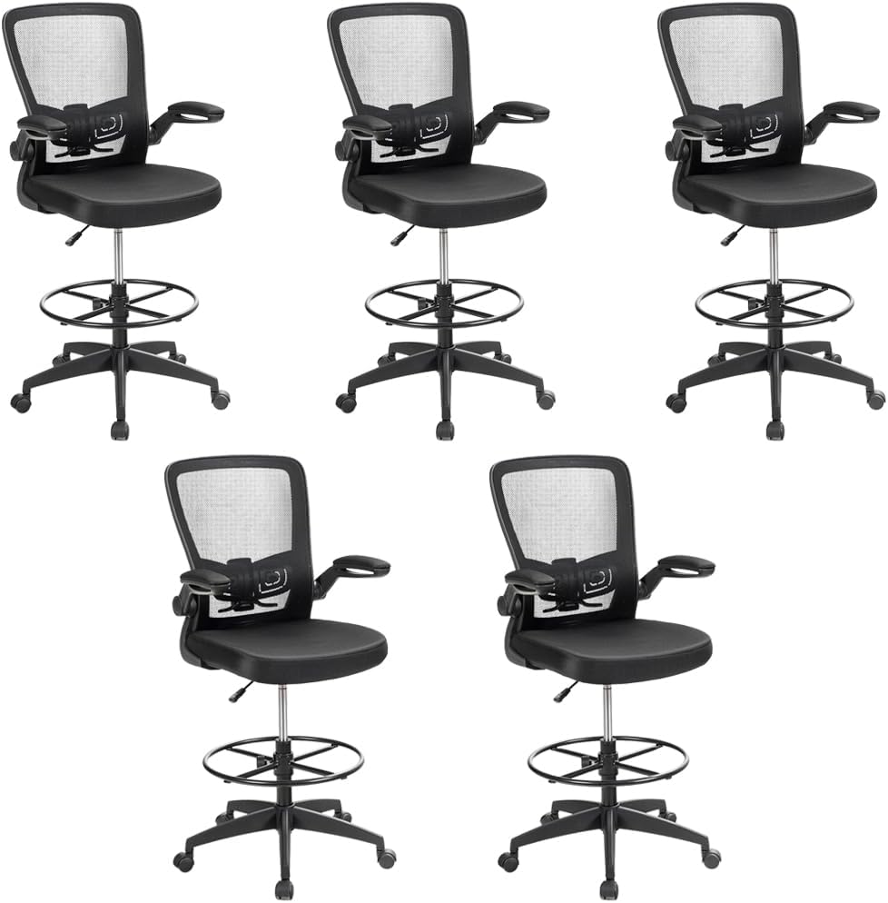 Drafting Chair Set of 5 – Tall Office Chair for Standing Desks with Flip-Up Arms & Adjustable Foot Ring – Ergonomic High-Back Mesh Computer Chair with Lumbar Support – Black