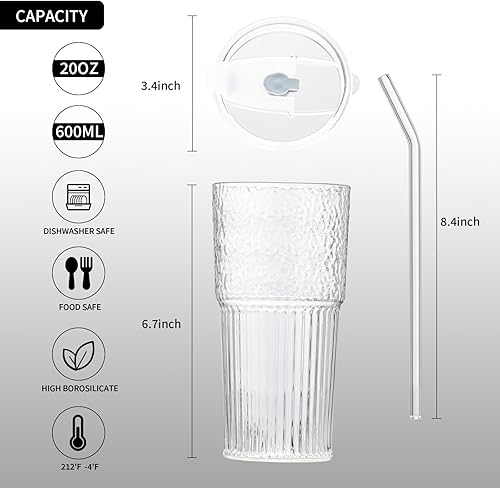 Miniatura 3 de Taza de café helado de 20 onzas con tapa y popote sellado de transporte, vaso de vidrio de borosilicato alto reutilizable, boca ancha, vasos para