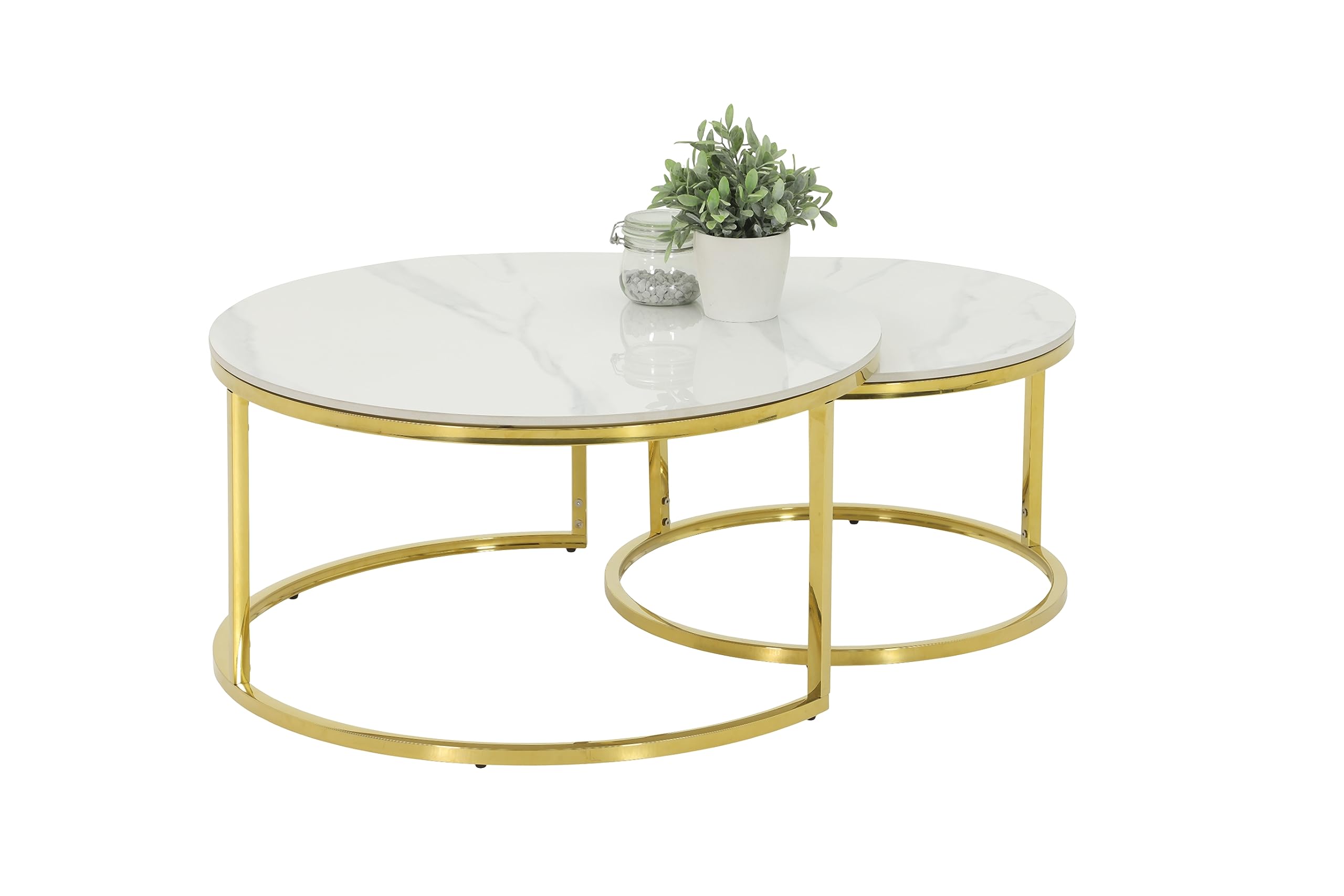 Hela Tische, 2er Set Couchtisch Wohnzimmertisch Joel, Rund, Sofatisch, Echtstein in Marmoroptik Glanz Weiß, Metallgestell Gold, Ø 80+Ø 60cm