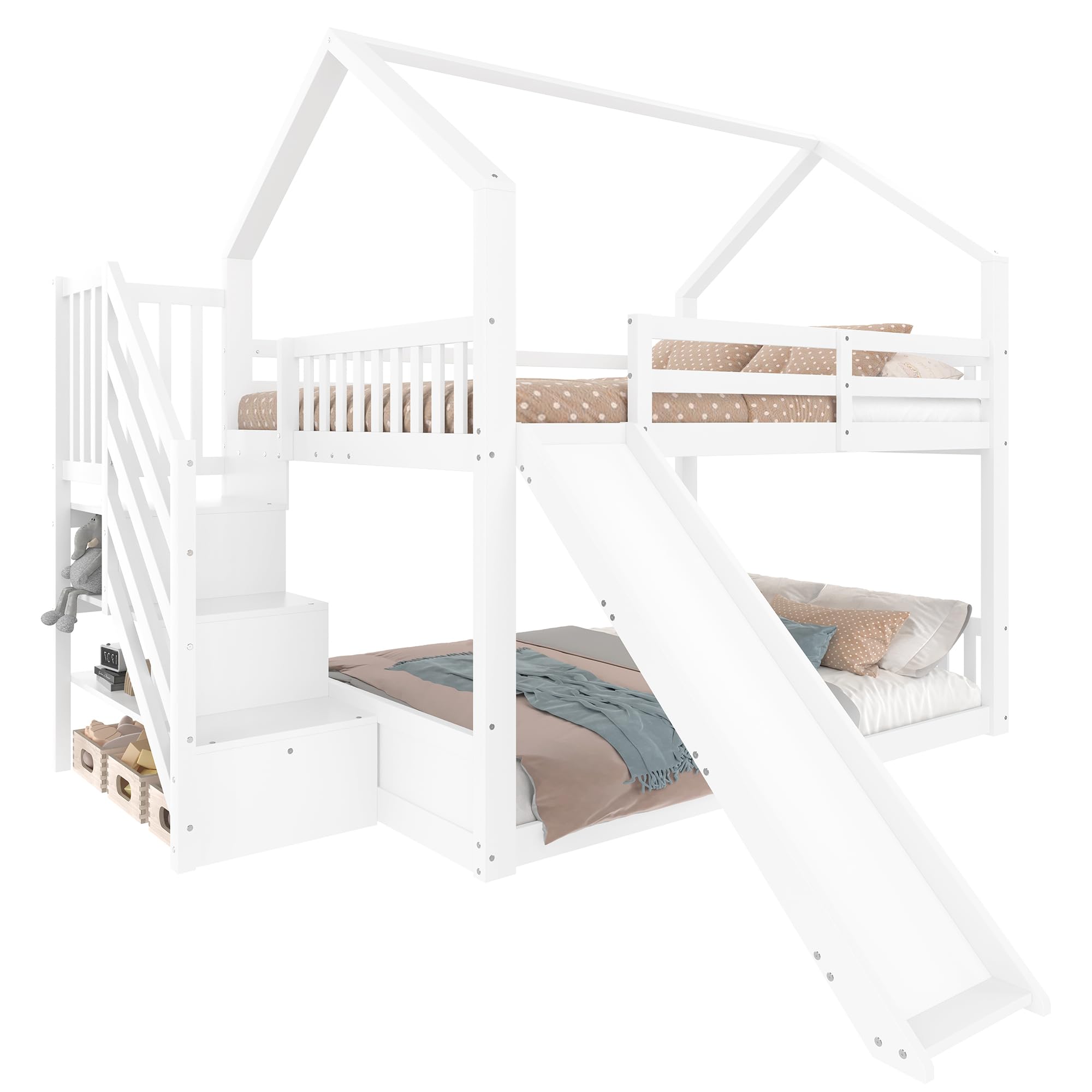 Azkoeesy Letto a Castello con Scivolo e Scaletta 140x200 cm, Design a Forma di Casetta, con Mensole, Sponda e Doghe, Legno di Pino Bianco, Ideale per Bambini e Ragazzi