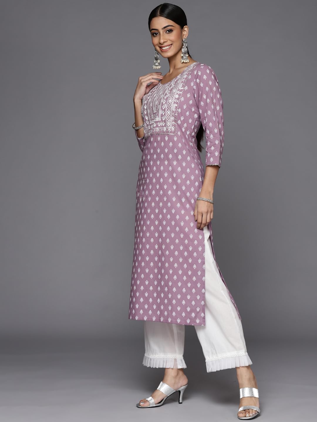 Varanga Womens Mauve Straight Kurta With Embroidered Yoke For Casual & Everyday Wear (Extra Large)