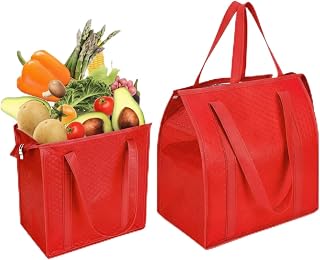 1 Pack Large Insulated Grocery Bags Reusable Shopping Bags with Zippered Top 13 x 12 x 7 Inch Thermal Cooler Totes Bulk with Handles for Hot Cold Food Delivery Refrigerator (Red)